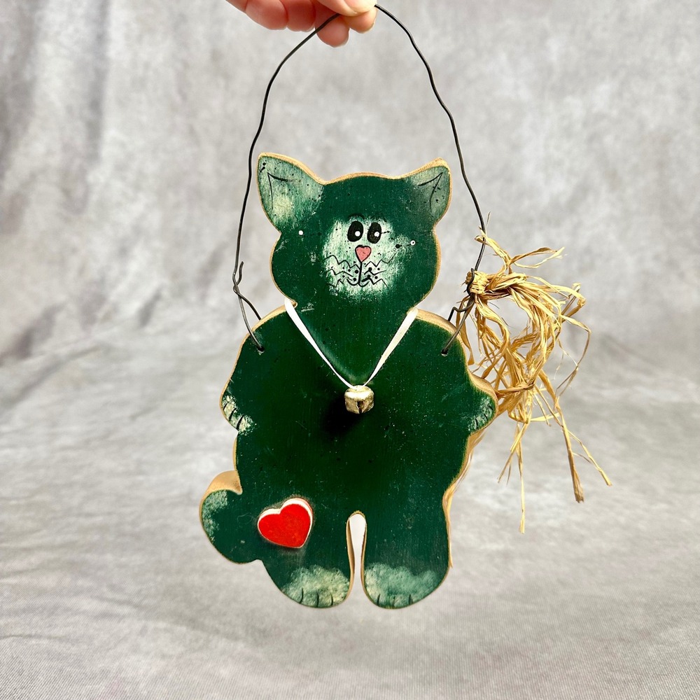Handmade Folk Art Wooden Cat Wall Decor Cottagecore Farm Green Hand Painted